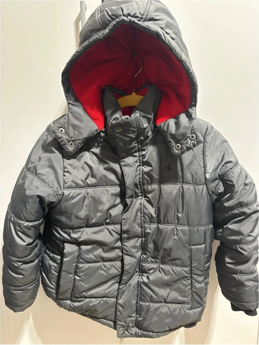 Calvin Klein Kids Gray Puffer Jacket with Red Hood Lining